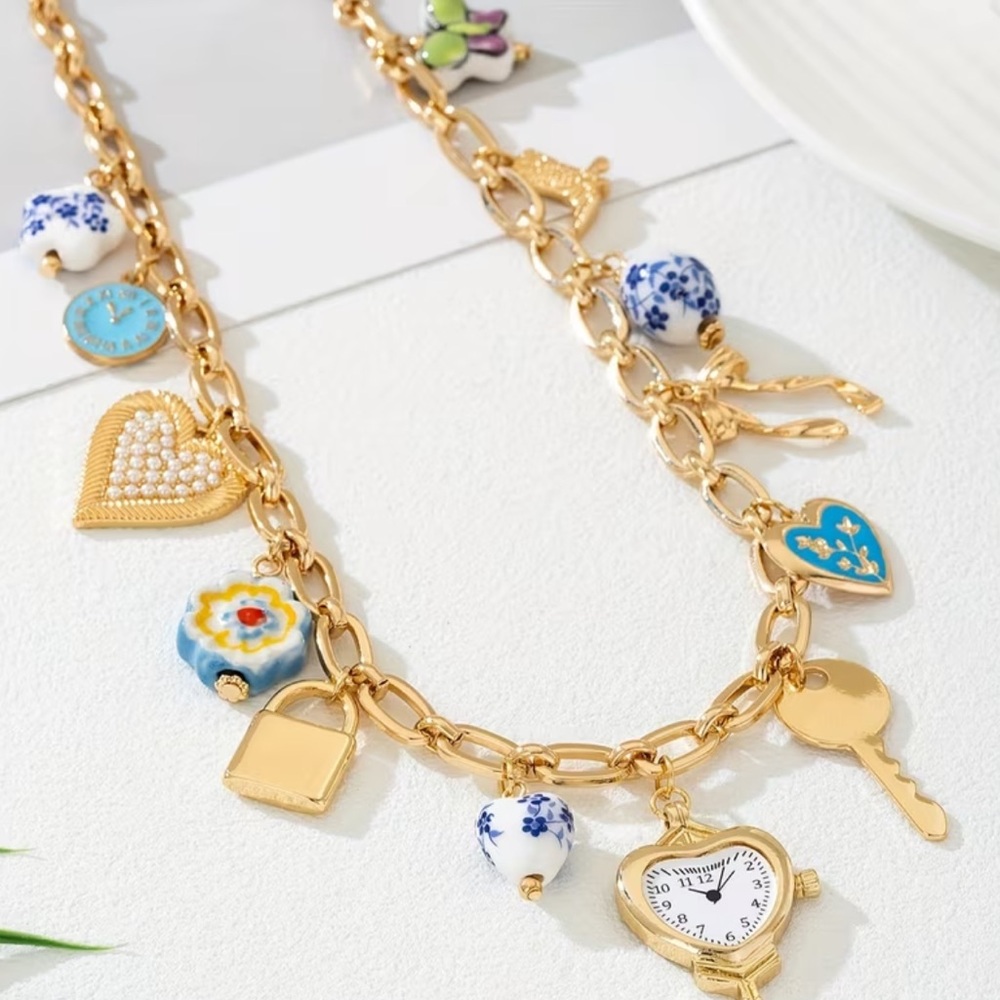 NEW Gold Charm Necklace with Blue Toile Porcelain Key Lock Clock